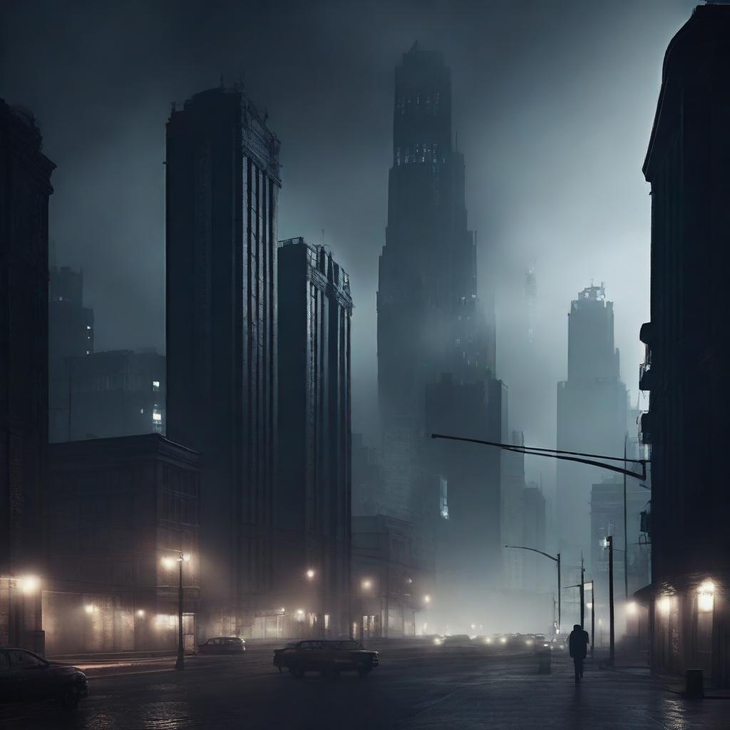 A dark, moody cityscape with black buildings and smoke rising from various parts of the city