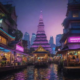 Thailand reimagined in an electropunk style, featuring neon-lit temples, floating markets buzzing with digital trade, and city streets humming with electric energy amidst a backdrop of high-tech skyscrapers.