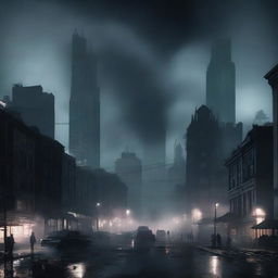 A dark, moody cityscape with black buildings and smoke rising from various parts of the city