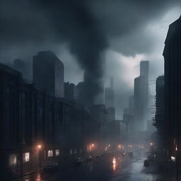 A dark, moody cityscape with black buildings and smoke rising from various parts of the city