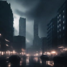 A dark, moody cityscape with black buildings and smoke rising from various parts of the city