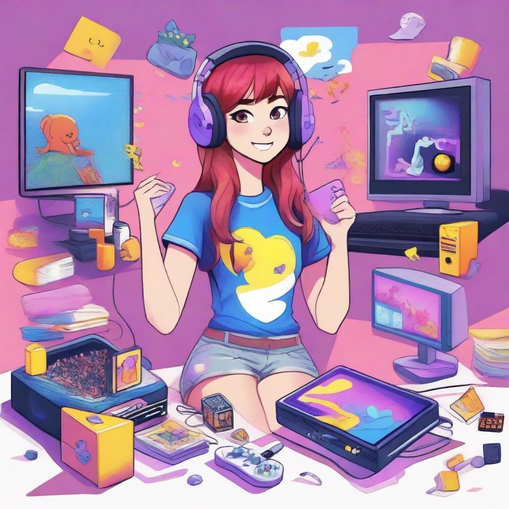 A detailed and vibrant illustration of Arigameplays, a popular content creator and streamer, depicted in a lively and engaging setting