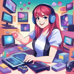 A detailed and vibrant illustration of Arigameplays, a popular content creator and streamer, depicted in a lively and engaging setting