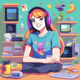 A detailed and vibrant illustration of Arigameplays, a popular content creator and streamer, depicted in a lively and engaging setting