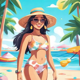 A detailed and vibrant illustration of Arigameplays, a popular content creator and streamer, wearing a stylish swimsuit