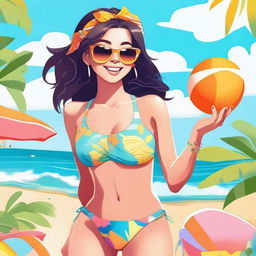 A detailed and vibrant illustration of Arigameplays, a popular content creator and streamer, wearing a stylish swimsuit