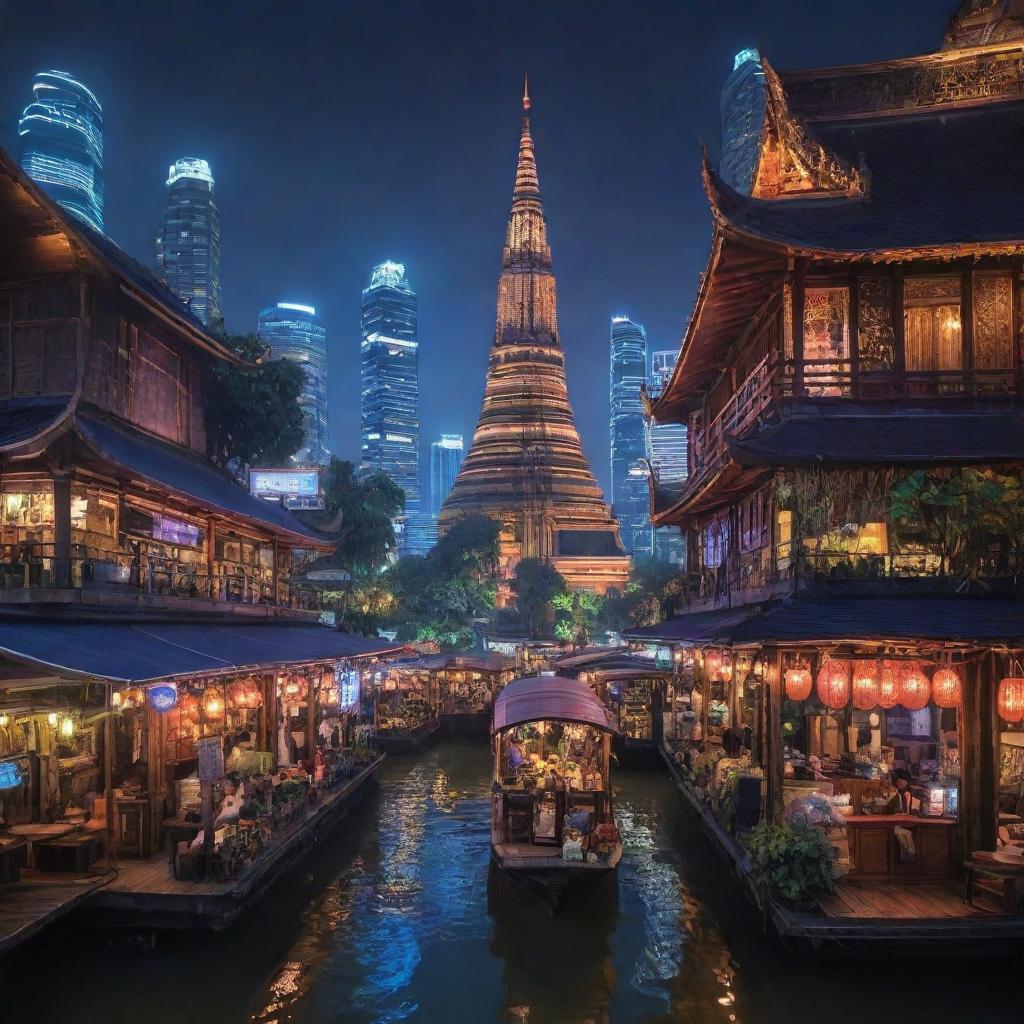 Thailand reimagined in an electropunk style, featuring neon-lit temples, floating markets buzzing with digital trade, and city streets humming with electric energy amidst a backdrop of high-tech skyscrapers.