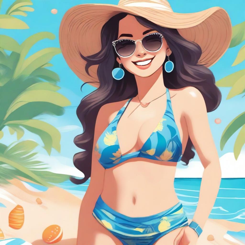 A detailed and vibrant illustration of Arigameplays, a popular content creator and streamer, wearing a stylish swimsuit