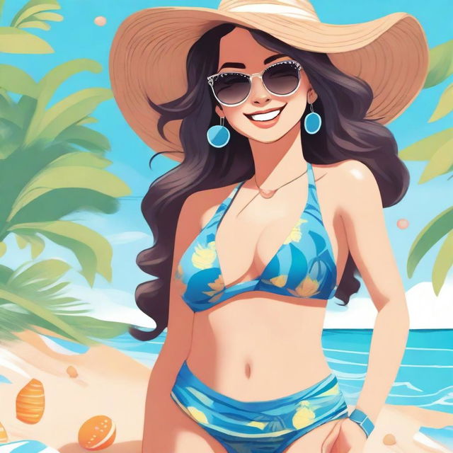 A detailed and vibrant illustration of Arigameplays, a popular content creator and streamer, wearing a stylish swimsuit