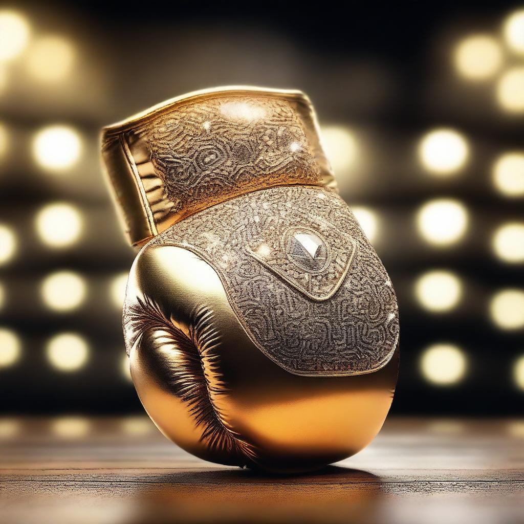 A stunning image of a golden boxing glove adorned with diamond accents, shining brightly under the lights of a boxing ring