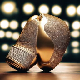 A stunning image of a golden boxing glove adorned with diamond accents, shining brightly under the lights of a boxing ring