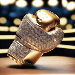 A stunning image of a golden boxing glove adorned with diamond accents, shining brightly under the lights of a boxing ring