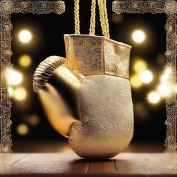 A stunning image of a golden boxing glove adorned with diamond accents, shining brightly under the lights of a boxing ring