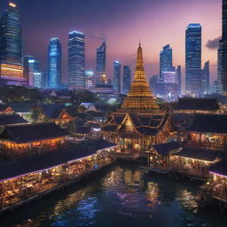 Thailand reimagined in an electropunk style, featuring neon-lit temples, floating markets buzzing with digital trade, and city streets humming with electric energy amidst a backdrop of high-tech skyscrapers.