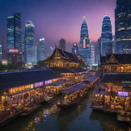 Thailand reimagined in an electropunk style, featuring neon-lit temples, floating markets buzzing with digital trade, and city streets humming with electric energy amidst a backdrop of high-tech skyscrapers.