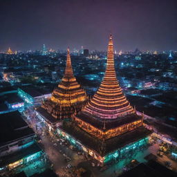 Visualizing Myanmar through an electropunk lens, where ancient pagodas are surrounded by neon lights, traditional culture fuses with digital prowess, and bustling cityscapes reflect a futuristic glow.