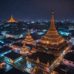 Visualizing Myanmar through an electropunk lens, where ancient pagodas are surrounded by neon lights, traditional culture fuses with digital prowess, and bustling cityscapes reflect a futuristic glow.