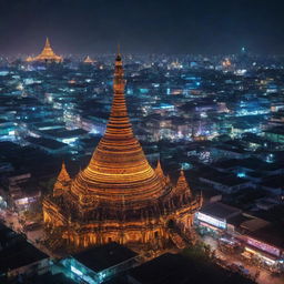 Visualizing Myanmar through an electropunk lens, where ancient pagodas are surrounded by neon lights, traditional culture fuses with digital prowess, and bustling cityscapes reflect a futuristic glow.