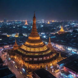 Visualizing Myanmar through an electropunk lens, where ancient pagodas are surrounded by neon lights, traditional culture fuses with digital prowess, and bustling cityscapes reflect a futuristic glow.