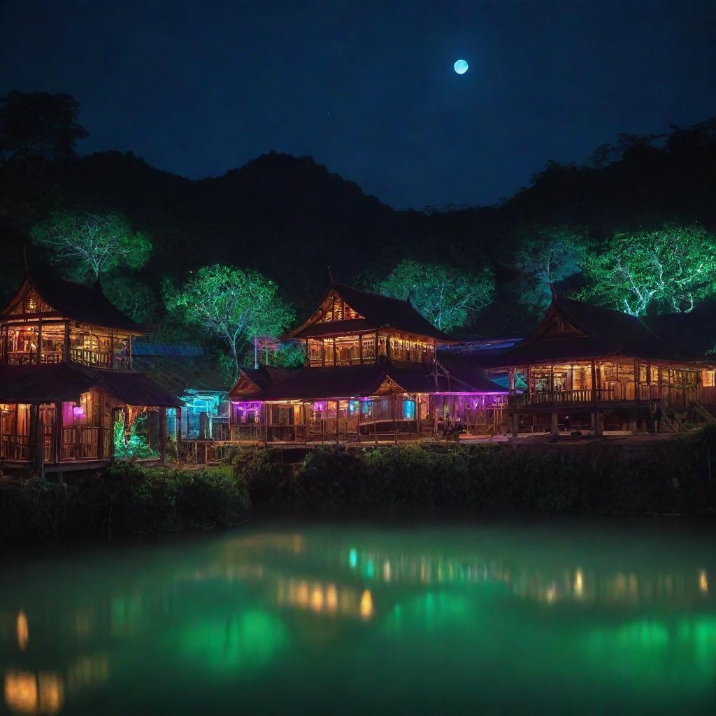 Visualizing Laos in an electropunk ambiance, where traditional wooden houses are outlined with neon lights, rivers glow with bioluminescent algaes, and temples and Buddha sculptures shimmer with digital augmentations.