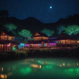 Visualizing Laos in an electropunk ambiance, where traditional wooden houses are outlined with neon lights, rivers glow with bioluminescent algaes, and temples and Buddha sculptures shimmer with digital augmentations.