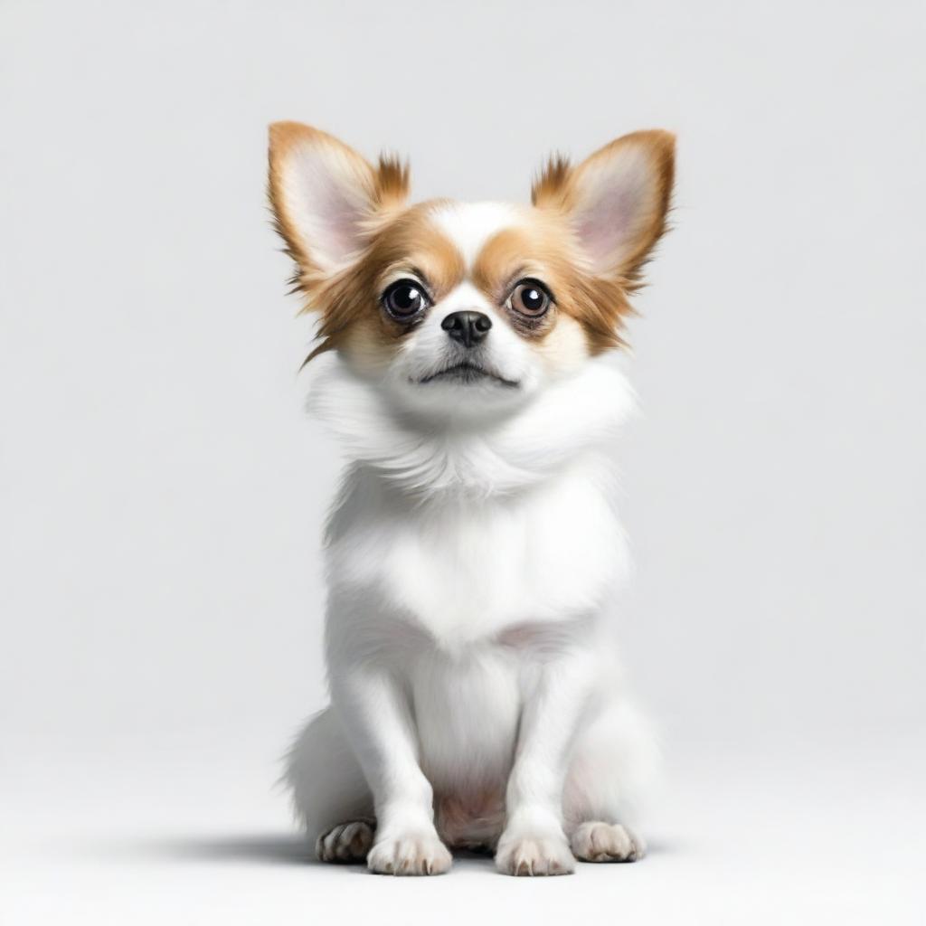 A realistic depiction of a small dog sitting in a white space, designed as a movie poster