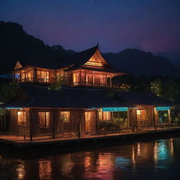 Visualizing Laos in an electropunk ambiance, where traditional wooden houses are outlined with neon lights, rivers glow with bioluminescent algaes, and temples and Buddha sculptures shimmer with digital augmentations.