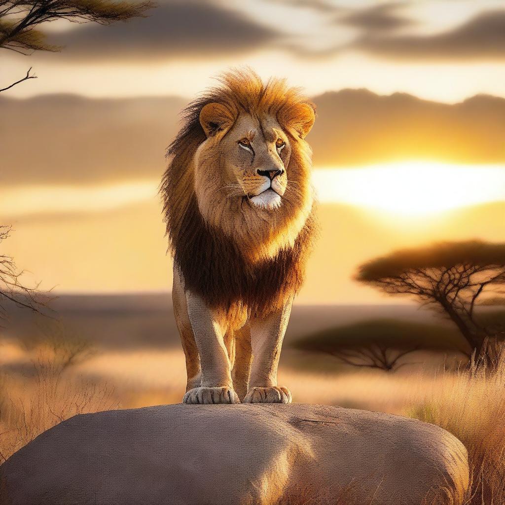 A majestic lion standing on a rocky outcrop in the savannah, with the sun setting in the background, casting a golden hue over the landscape