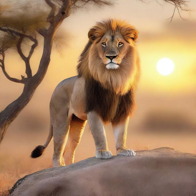 A majestic lion standing on a rocky outcrop in the savannah, with the sun setting in the background, casting a golden hue over the landscape