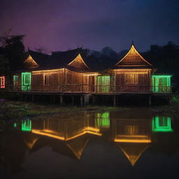 Visualizing Laos in an electropunk ambiance, where traditional wooden houses are outlined with neon lights, rivers glow with bioluminescent algaes, and temples and Buddha sculptures shimmer with digital augmentations.