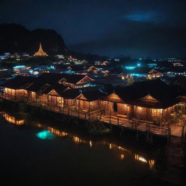 Visualizing Laos in an electropunk ambiance, where traditional wooden houses are outlined with neon lights, rivers glow with bioluminescent algaes, and temples and Buddha sculptures shimmer with digital augmentations.