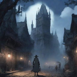 A scene from the game Bloodborne depicted in the enchanting style of Spirited Away