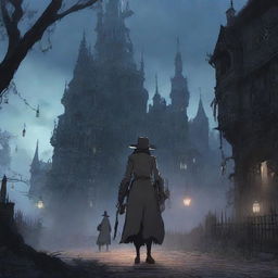 A scene from the game Bloodborne depicted in the enchanting style of Spirited Away