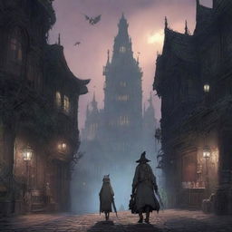 A scene from the game Bloodborne depicted in the enchanting style of Spirited Away