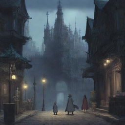 A scene from the game Bloodborne depicted in the enchanting style of Spirited Away