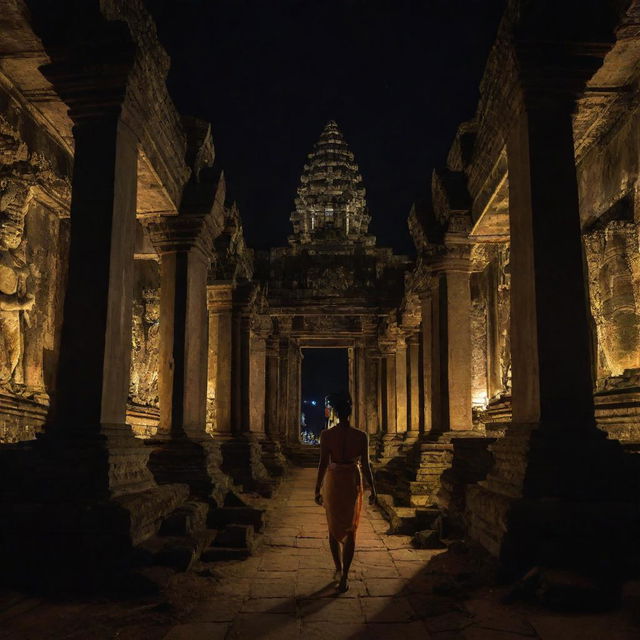 Cambodia re-envisioned in an electropunk aesthetic, where the historic Angkor Wat is lit with neon lights, traditional Apsara dances intermingle with digital elements, and Phnom Penh city buzzes with electric energy.