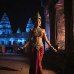 Cambodia re-envisioned in an electropunk aesthetic, where the historic Angkor Wat is lit with neon lights, traditional Apsara dances intermingle with digital elements, and Phnom Penh city buzzes with electric energy.