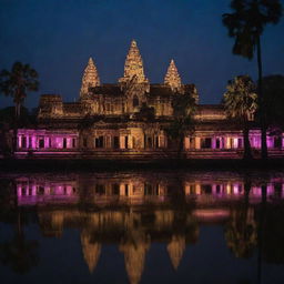 Cambodia re-envisioned in an electropunk aesthetic, where the historic Angkor Wat is lit with neon lights, traditional Apsara dances intermingle with digital elements, and Phnom Penh city buzzes with electric energy.