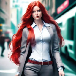 A striking image of a character with long red hair, featuring a blend of masculine and feminine traits