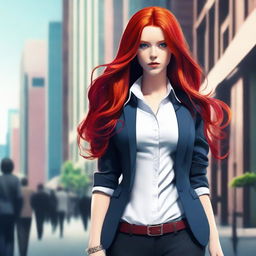 A striking image of a character with long red hair, featuring a blend of masculine and feminine traits