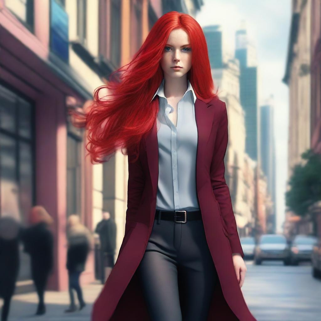 A striking image of a character with long red hair, featuring a blend of masculine and feminine traits