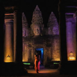 Cambodia re-envisioned in an electropunk aesthetic, where the historic Angkor Wat is lit with neon lights, traditional Apsara dances intermingle with digital elements, and Phnom Penh city buzzes with electric energy.