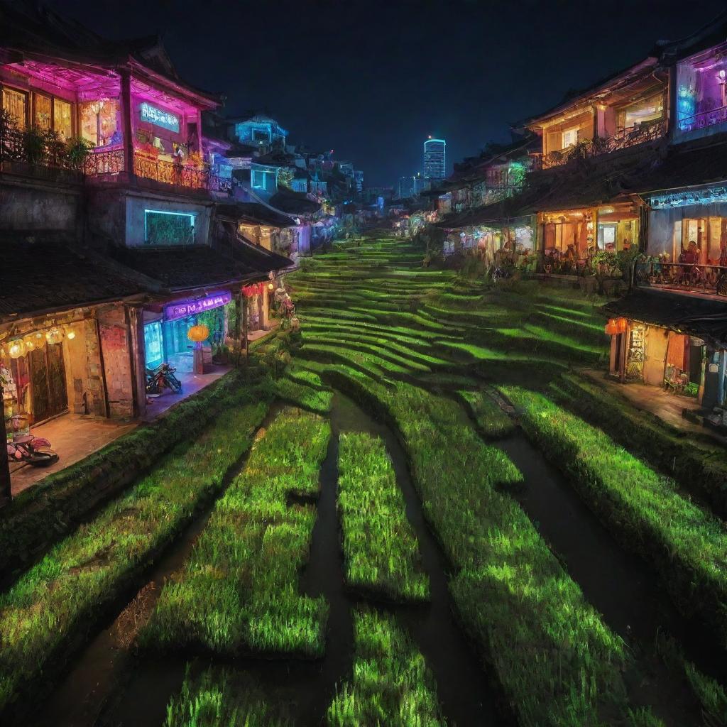 Vietnam envisioned through an electropunk view, featuring neon-lit rice terraces, futuristic versions of the traditional Ao Dai glowing with LED lights, and the buzzing streets of Hanoi awash with a digital, high-energy atmosphere.