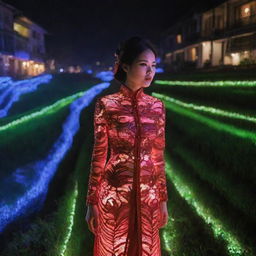 Vietnam envisioned through an electropunk view, featuring neon-lit rice terraces, futuristic versions of the traditional Ao Dai glowing with LED lights, and the buzzing streets of Hanoi awash with a digital, high-energy atmosphere.