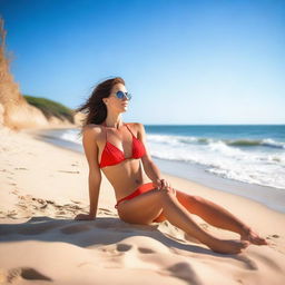 A beautiful woman in a red bikini sunbathing by the sea on a sandy beach