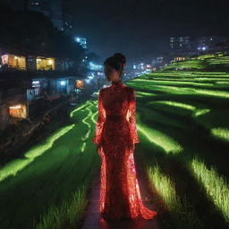 Vietnam envisioned through an electropunk view, featuring neon-lit rice terraces, futuristic versions of the traditional Ao Dai glowing with LED lights, and the buzzing streets of Hanoi awash with a digital, high-energy atmosphere.