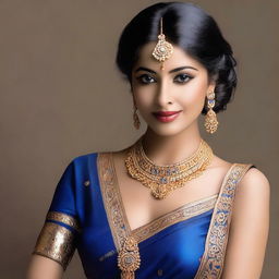 Create an image featuring a woman in a blue sari with gold jewellery, making the overall appearance more seductive