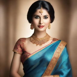 Create an image featuring a woman in a blue sari with gold jewellery, making the overall appearance more seductive