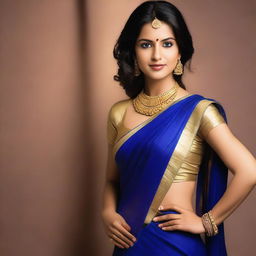 Create an image featuring a woman in a blue sari with gold jewellery, making the overall appearance more seductive