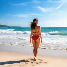 A beautiful woman in a red bikini standing on the sandy beach, looking out to the sea